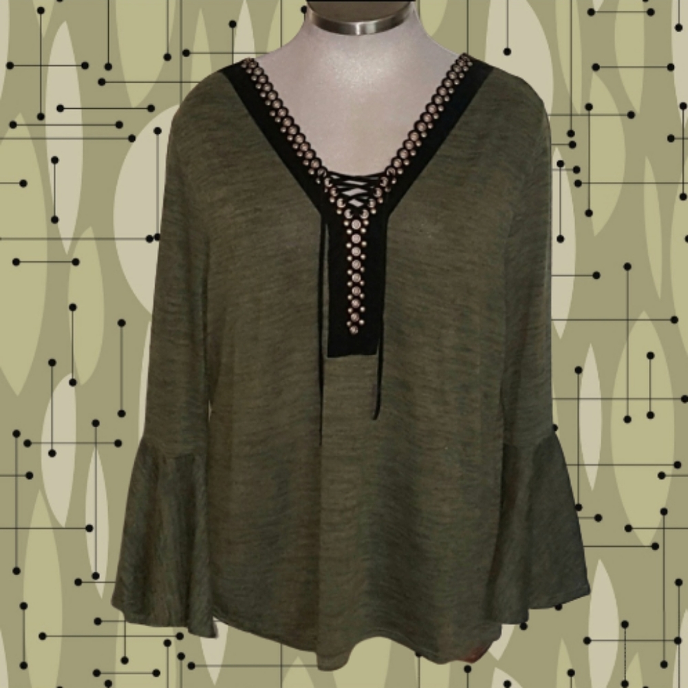OLIVE GREEN & BLACK GROMMET ACCENT LACE UP TOP 26